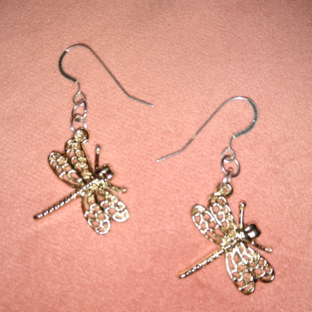 Dragonfly Charm Earrings Solid 925 Sterling Silver Ear Wires Dragonflies KATTA